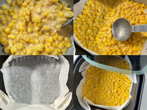準備烘焙紙放入炸籃底部，倒入攪拌好的奶油玉米並舖平在底部，炸籃放入氣炸鍋中180度10分鐘