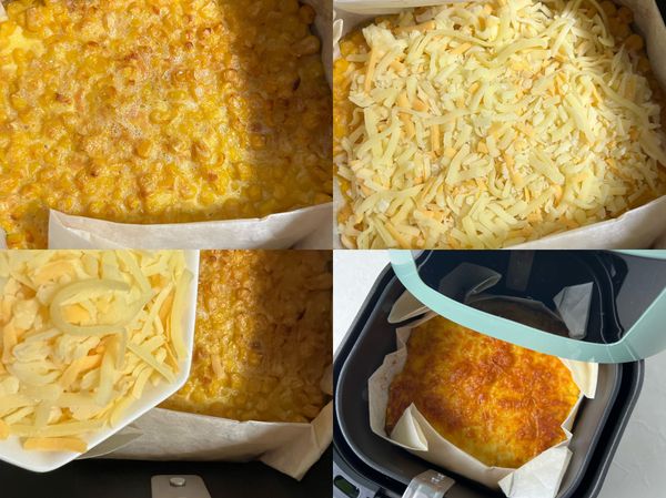 時間到取出撒上乳酪絲舖平，再次放入氣炸鍋中180度5分鐘，氣炸至乳酪絲表面呈金黃色即完成