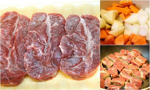 1. 板腱牛肉充分退冰。切塊。
2. 蔬菜也切丁。
3. 用A鍋將牛肉塊稍微煎到兩面金黃。