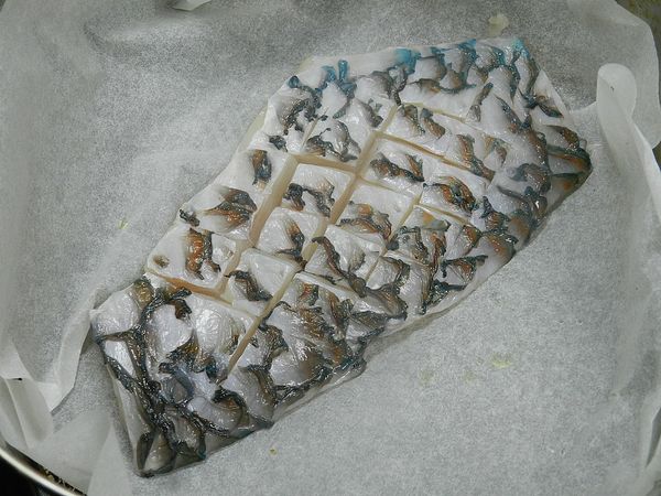 魚片放入氣炸鍋中，表面切花紋