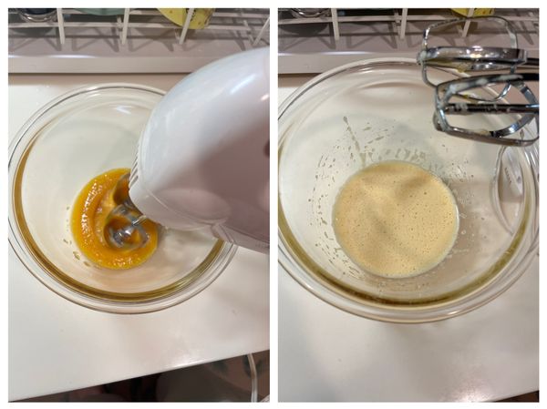 可以用打蛋器或是手打 大約4-5分鐘 會變成偏白色即可 不要打太久