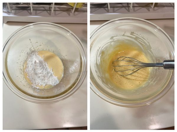 加入過篩的低筋麵粉和泡打粉，分兩次加入，只要攪拌到看不到粉即可，不要過度攪拌