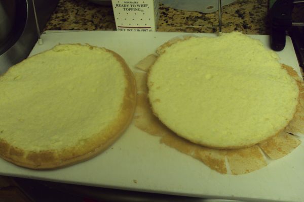 冷卻後,將蛋糕脫模,橫切成兩片.