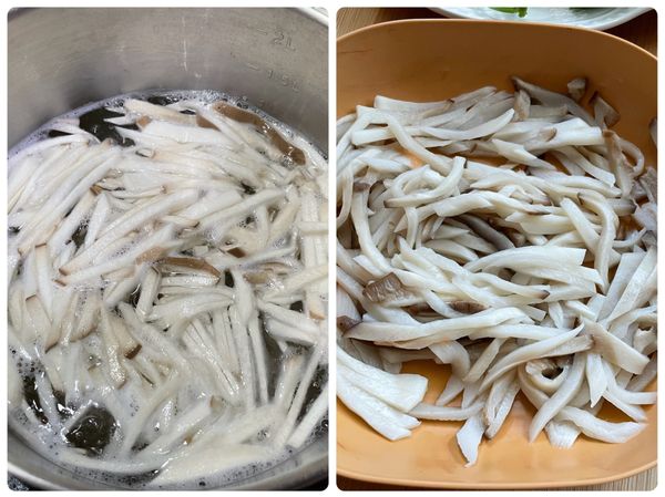 杏鮑菇切絲川燙撈起放涼備用