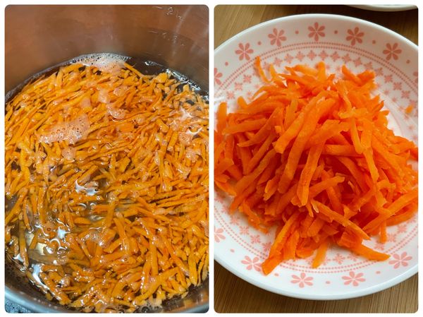 紅蘿蔔切絲或刨絲川燙撈起放涼備用
❗️個人怕紅蘿蔔的生味，所以燙一下