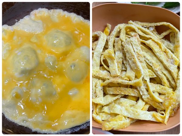雞蛋攪散煎成蛋皮，再切成蛋絲備用