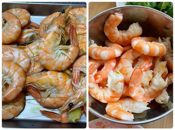 蝦子去除腸泥洗淨燙熟，再撥成蝦仁