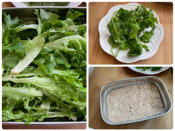 1.生菜洗淨再用過濾水沖一次瀝乾備用
2.香菜先去除比較粗的梗
3.花生粉:糖粉以3:1混合調製(糖粉可以先過篩一下比較細緻)