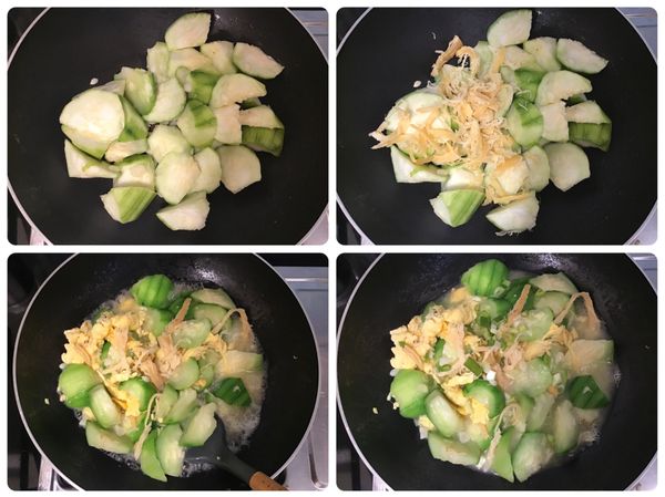 ❹原鍋續放蒜末炒香，再放絲瓜翻炒
❺再放入魷魚絲、加水煮開，將絲瓜煮軟，
❻再放入散蛋，翻拌均勻後，加米酒提味，加鹽巴調味，最好撒點蔥花即可