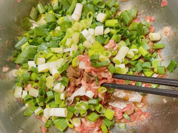 切兩根蔥花，加入肉餡內