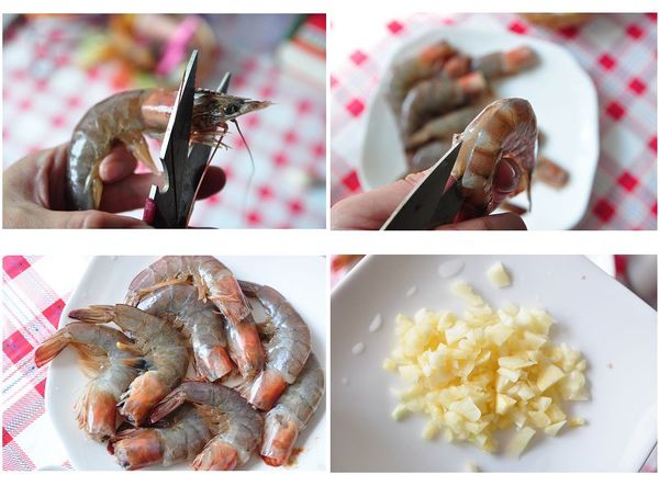 用剪刀將蝦頭剪去一半並去鬚，再於蝦背中間剪開，挑出沙筋後沖洗..蒜頭切細末