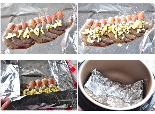 取出錫箔紙，將蝦子排好，放上奶油碎片、蒜末，灑上少許鹽巴及原味椒鹽，將錫箔紙四邊摺起包覆好，放入內鍋中
