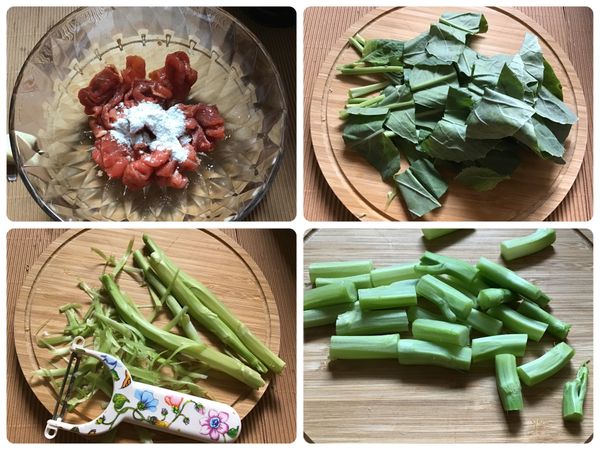 ❶牛肉先用醬油、米酒醃漬，再拌點玉米粉讓肉更滑嫩
❷格蘭菜嫩葉部分切段，菜梗部分削皮切段