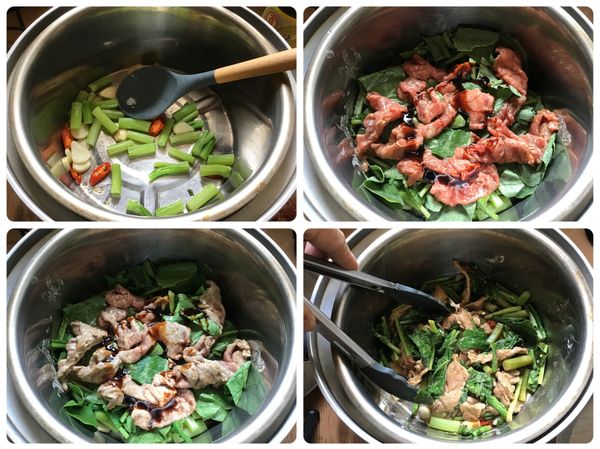 ❸電鍋內鍋，放蒜片、辣椒菜梗，加約1匙油，外鍋加0.5杯水，先蒸煮10分鐘
❹10分鐘到開蓋，稍微內鍋翻拌，續放入菜葉、再鋪上牛肉，淋上米酒、蠔油
❺外鍋續加量杯1格水，繼續蒸煮3分鐘，開蓋拌勻即可