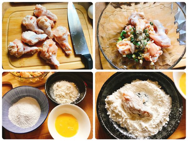 ❶雞小腿劃刀幫助入味
❷雞肉用少許蒜末、蔥花，加醬油、米酒、胡椒粉，拌勻醃漬
❸準備麵粉、蛋液、酥炸粉（可用一般地瓜粉）