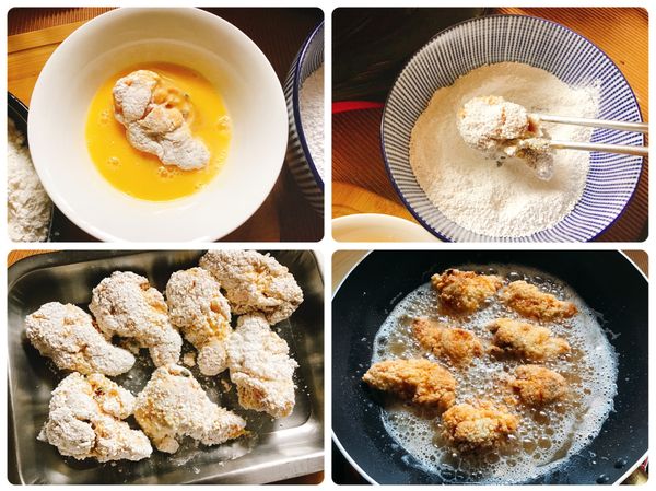 ❹雞肉先沾麵粉、再沾蛋液，最後沾裹酥炸粉，放至稍微返潮
❺起油鍋，油溫180度，雞小腿油炸至金黃酥脆熟透