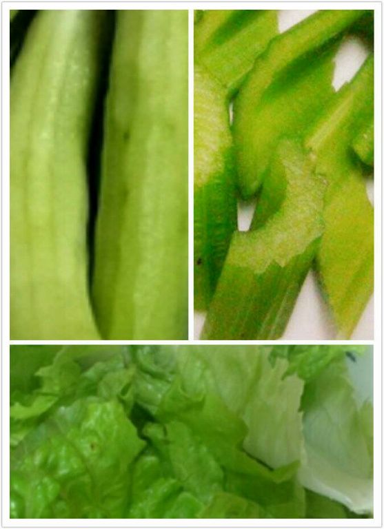 芹菜洗淨切小段, 小黃瓜去皮切片(厚薄依個人口感而定), 大陸妹洗淨切成粗段, 備用