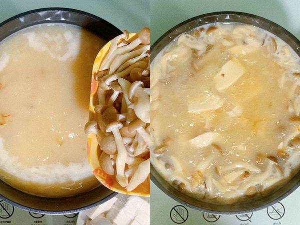 放入豆腐、鴻喜菇(雪白菇)，
食材煮熟就可以關火了。