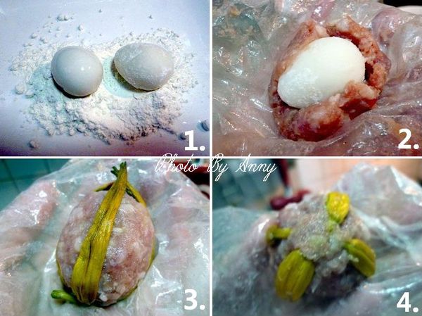 將煮熟的鵪鶉蛋沾上一圈太白粉 ，再包裹攪拌好的香腸肉，一顆蛋用4根金針包裹表面，將多餘的蒂頭剪掉，用些許的肉末黏好，依序完成全部~