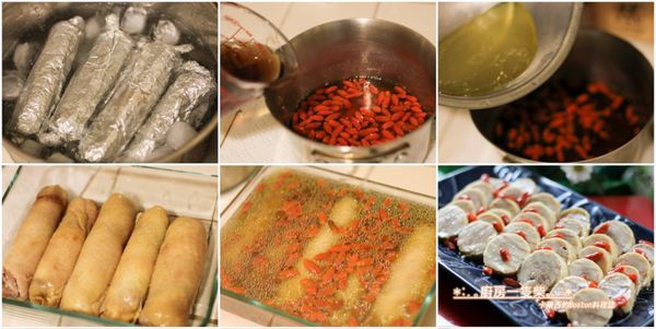 蒸好的雞腿肉捲連同鋁箔紙(不必拆開)一起放入冰水中，使其迅速降溫，這樣雞肉會更鮮嫩有彈性。