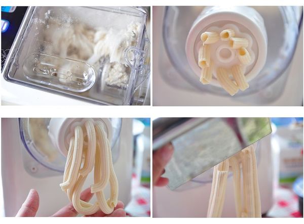 大約攪拌麵粉10~15分鐘 左右，麵條就慢慢出來了...出來的麵條還有溫熱感，差不多ㄧ個長度時，可以以切麵刀切斷