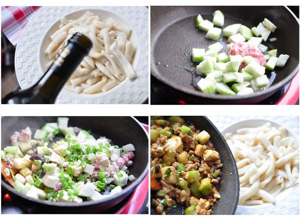 將製好的麵條下鍋滾煮後撈起，加些橄欖油略拌靜候(這樣麵條才不會冷卻後黏住)，再來將絞肉與絲瓜丁拌炒，陸續放入豆腐丁、蔥花以及醬料調味，均勻翻炒後，最後熱騰騰的淋上通心麵條上就大功告成囉!