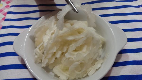 將苦瓜切成薄片約0.2~0.3cm為較佳