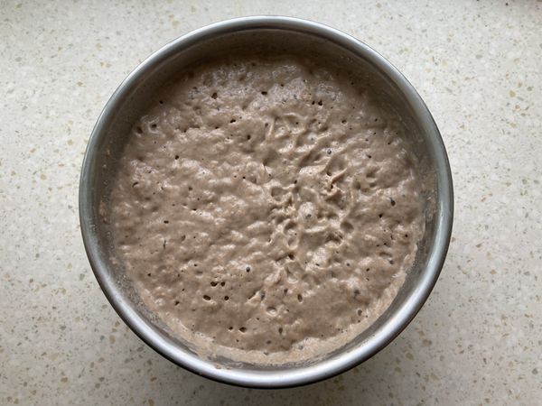 等到體積膨脹成兩倍大、表面有很多洞洞就差不多。（所需時間依氣溫而定，溫暖就久一些，寒冷就快一些，大家如果有發酵箱或烤箱有發酵功能可以放進去會比較快～）