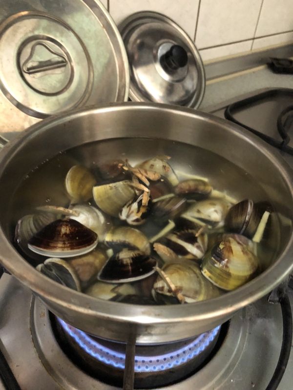 3.準備一鍋水，薑絲丟下去一起煮滾，然後蛤蠣也一起放下去煮。