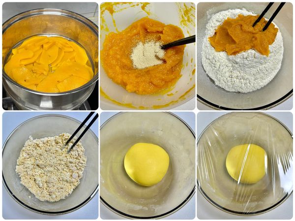 將南瓜切片蒸熟，壓成泥狀，待冷卻後加入速發酵母和白糖，攪拌均勻，然後倒入中筋麵粉中，一起攪拌成絮狀，再揉成一個光滑的麵團，蓋上保鮮膜，放冰箱冷藏15分鐘。