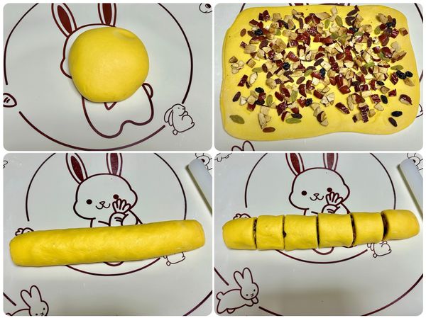 15分鐘後，將麵團轉移到揉麵墊上，擀成一個0.5厘米厚的長方形，灑上紅棗碎和葡萄乾（紅棗和葡萄乾均可用自己喜歡的果乾代替）。
捲起來（稍微捲緊一點，以免果乾掉落），切成大小均勻的塊。