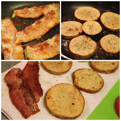 熱鍋不加油, 將培根煎到酥脆 (或煎到自己喜歡的熟度), 盛起備用