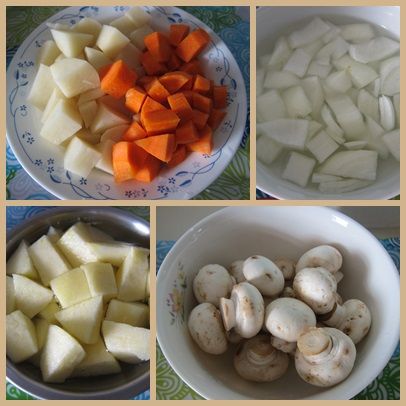把二顆馬鈴薯、一條紅蘿蔔切塊，並先用電鍋蒸熟備用，洋蔥和蘋果切小塊、蘑菇切對半，準備用油先炒過