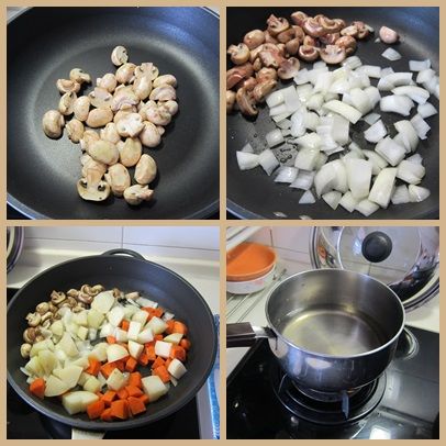 先開火把蘑菇乾煸，放至鍋邊備用，再加一點油把洋蔥炒至5分熟，再把蒸熟的馬鈴薯、紅蘿蔔塊，放進來一起拌炒，拌炒的過程中，另一個爐燒開水備用