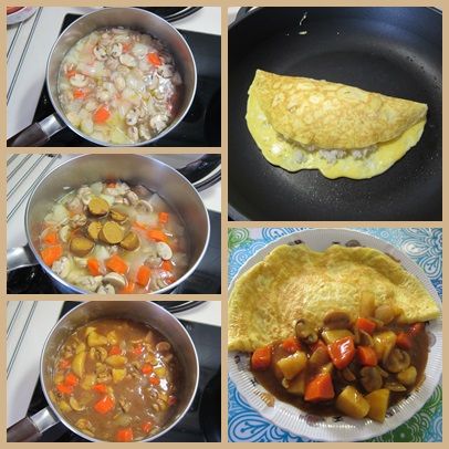 6塊牛頭牌咖哩塊需要600cc的水量，等到水燒開後，把所有的炒好的食材放進滾水中，煮至食材鬆軟，加入咖哩塊，煮至濃稠狀即可，最後再打3顆蛋，煎蛋皮備用，再把飯包進蛋皮，盛出來盤中