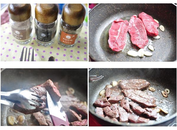 另外準備3種喜好的調味鹽:義大利香料、原味椒鹽、黑胡椒粒；再將奶油與蒜片爆香，放入牛排香煎，適量的灑上各類調味，煎至8分熟