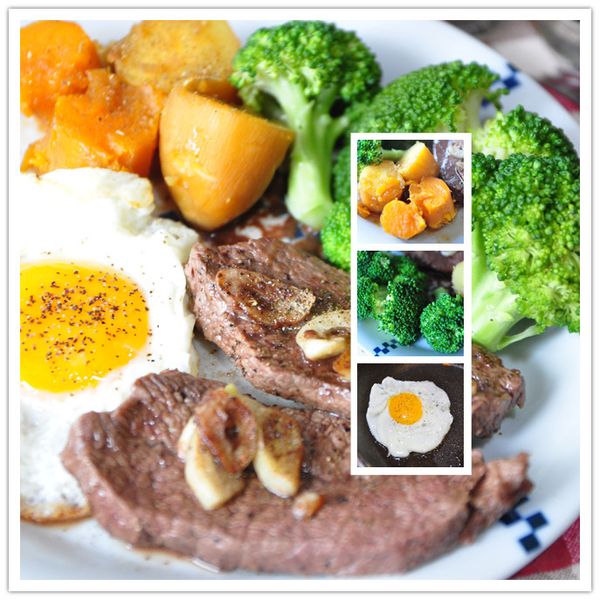 將所有配料地瓜、綠花椰、荷包蛋及主食-牛排擺盤，最後灑上義大利香料及完成。