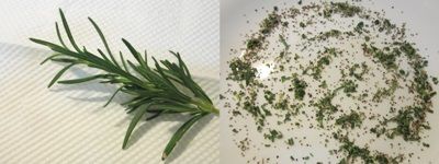 迷迭香切末(沒新鮮迷迭香可以乾燥的取代)與適量粗粒黑胡椒與鹽
均勻灑在平盤上成﹝沾裹料﹞備用