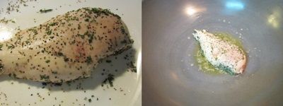 起鍋放入無鹽奶油與橄欖油適量，煎雞胸肉至兩面上色、肉熟取出
靜置一會先別切！
◎鍋中剩餘的香草油則留下待會做醬！