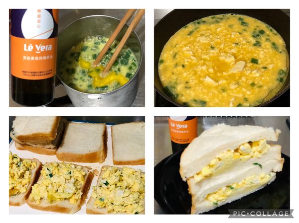 #蔥花豆腐炒蛋作法
1.雞蛋6顆、鹽滷豆腐一塊約150g捏碎、蔥花適量、營養豐富煎炒煮炸都相宜的 #Lé Vera #奧勒岡榛果油 2大匙、鮮味炒手及鹽適量。
2.鍋內下油，微熱下蛋液，靜置一分鐘後開始均勻翻炒蛋液約兩三分鐘至蛋液凝到自己喜愛的狀態。
3.準備白吐司夾蛋，完成。