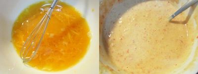 取一容器打入蛋、糖拌勻，
(氣溫低可將容器放在蒸鍋水面將蛋、糖拌勻至蛋液微溫即拿開)
烤小番茄鮮奶混合液拌入蛋糖液中，低筋麵粉、無鋁泡打粉過篩慢慢加入混合拌勻成粉糊，