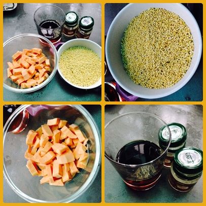 取適量小米洗淨稍做泡水讓小米吸收水份，蕃薯洗淨切製適當大小。