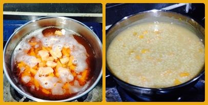 將泡過水的小米、切塊蕃薯倒入鍋中，煮至水滾後，轉小火繼續燉煮約30分鐘至小米粥成濃稠狀，就完成囉。