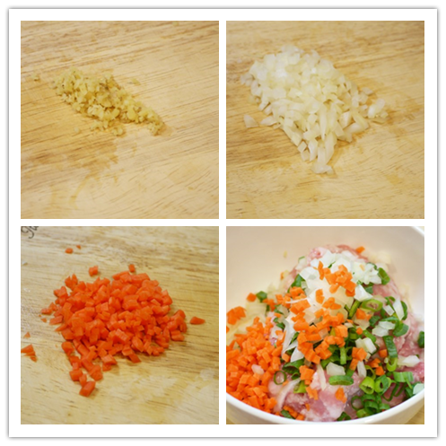 花椰菜切小朵後洗淨、蛋打散成蛋液。蔥切蔥花，薑片、洋蔥與紅蘿蔔切碎。