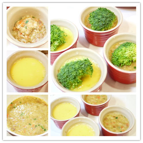 將蛋液與肉餡分成兩部分。
其中一半的部分，取容器，鋪上半滿的肉餡，再倒入一半的蛋液。
另外剩下一半的蛋液與肉餡混合攪拌均勻，全倒入容器中，最後插上花椰菜。
(喜歡口感更軟嫩的朋友，蛋液的部分可再另外加約1-2大匙的水進去)