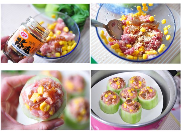 接著加入整瓶愛之味蔭瓜肉及1/3醬汁及1小匙玉米粉，以湯匙均勻拌碎攪拌，再將拌勻的絞肉內餡舀入絲瓜柱裡，裝滿後排列好放入電鍋蒸煮