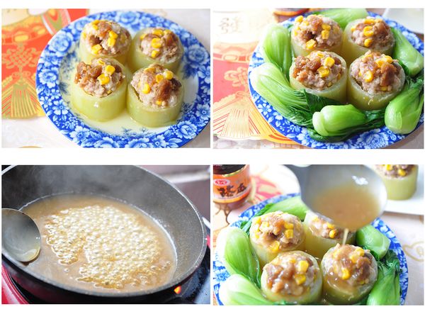 先取出燉好的大黃瓜盅擺盤，於盤緣擺上川燙過的清江菜，燉好剩下的醬汁與其他調味滾煮成[芡汁]，甘甜的醬汁淋上大黃瓜盅裡即可