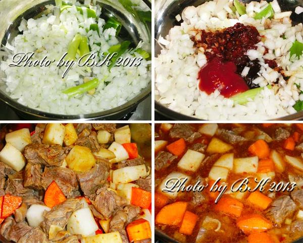 另取一鍋，加入少許油爆香洋蔥、薑片及蔥段，再加入[調味料]炒香，接著加入步驟2牛腩、紅蘿蔔及白蘿蔔拌炒，再加入步驟2牛高湯（淹過食材即可）。蓋鍋蓋燜煮約半小時，最後開蓋把食材煮到收汁後，試一下味道，加適量的鹽調味，再以玉米粉水勾芡，即為【紅燒牛腩】。