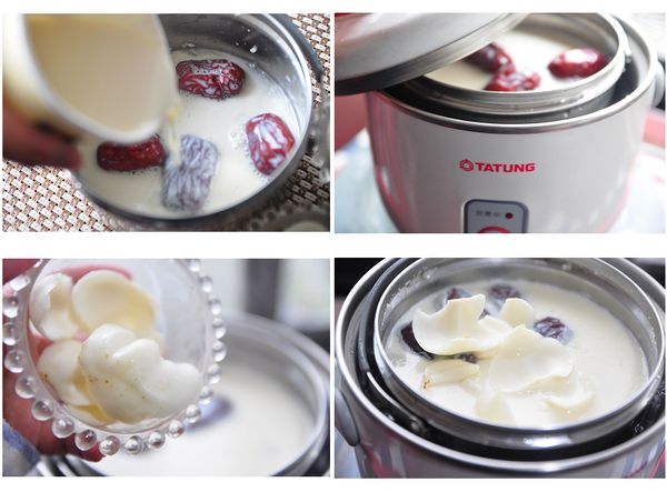 先將白米洗淨(煮熟的米飯也可)連同清漿、紅棗、山藥放入內鍋，外鍋放入接近8分滿水位(約250cc)開始燉煮，電源跳起後，放入百合繼續燉煮(外鍋再加入約50cc冷水)燉煮至電源跳起調味即可