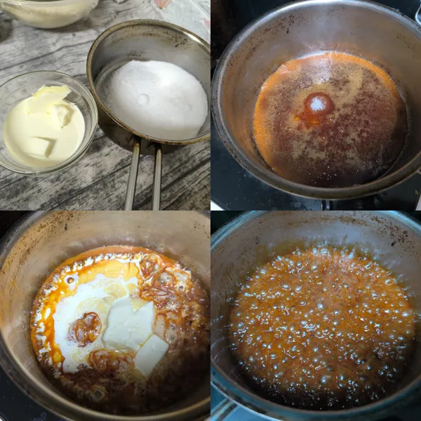 煮焦糖醬:將香草糖倒入湯鍋中開小火煮溶，放入無鹽奶油和動物性鮮奶油混合煮均勻。